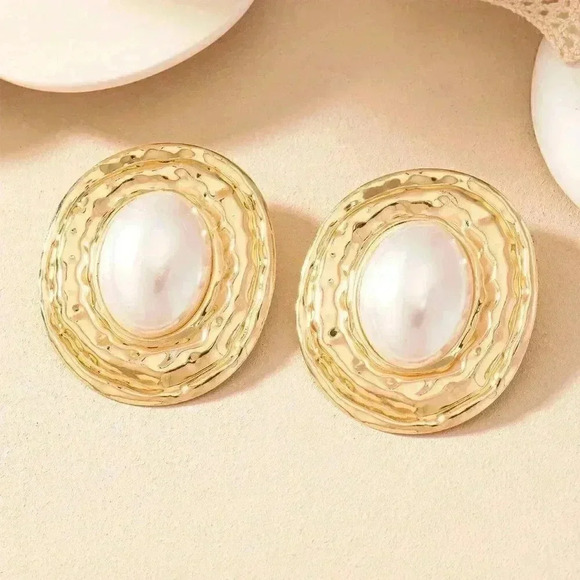 Yellow Gold Women's Geometric Texture Oval Pearl Inlay Pendant Vintage Earrings - Picture 6 of 6